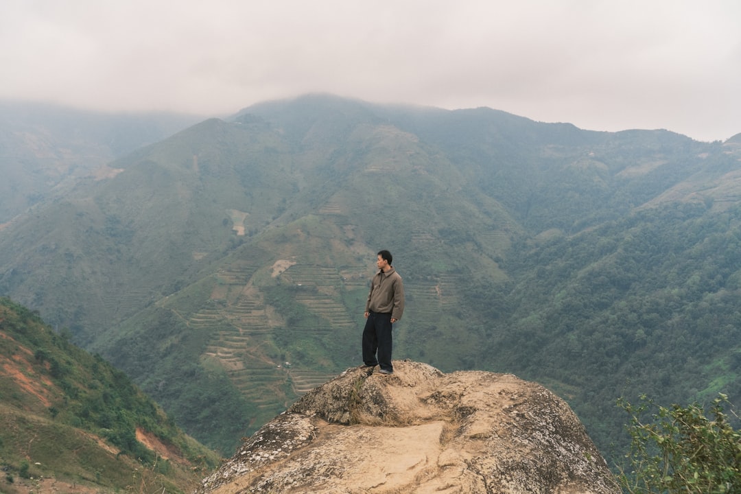 Scenic viewpoint looking over tropical landscape in Southeast Asia